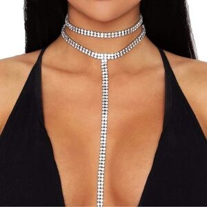 Silver Rhinestone Long Tassel Choker Necklace